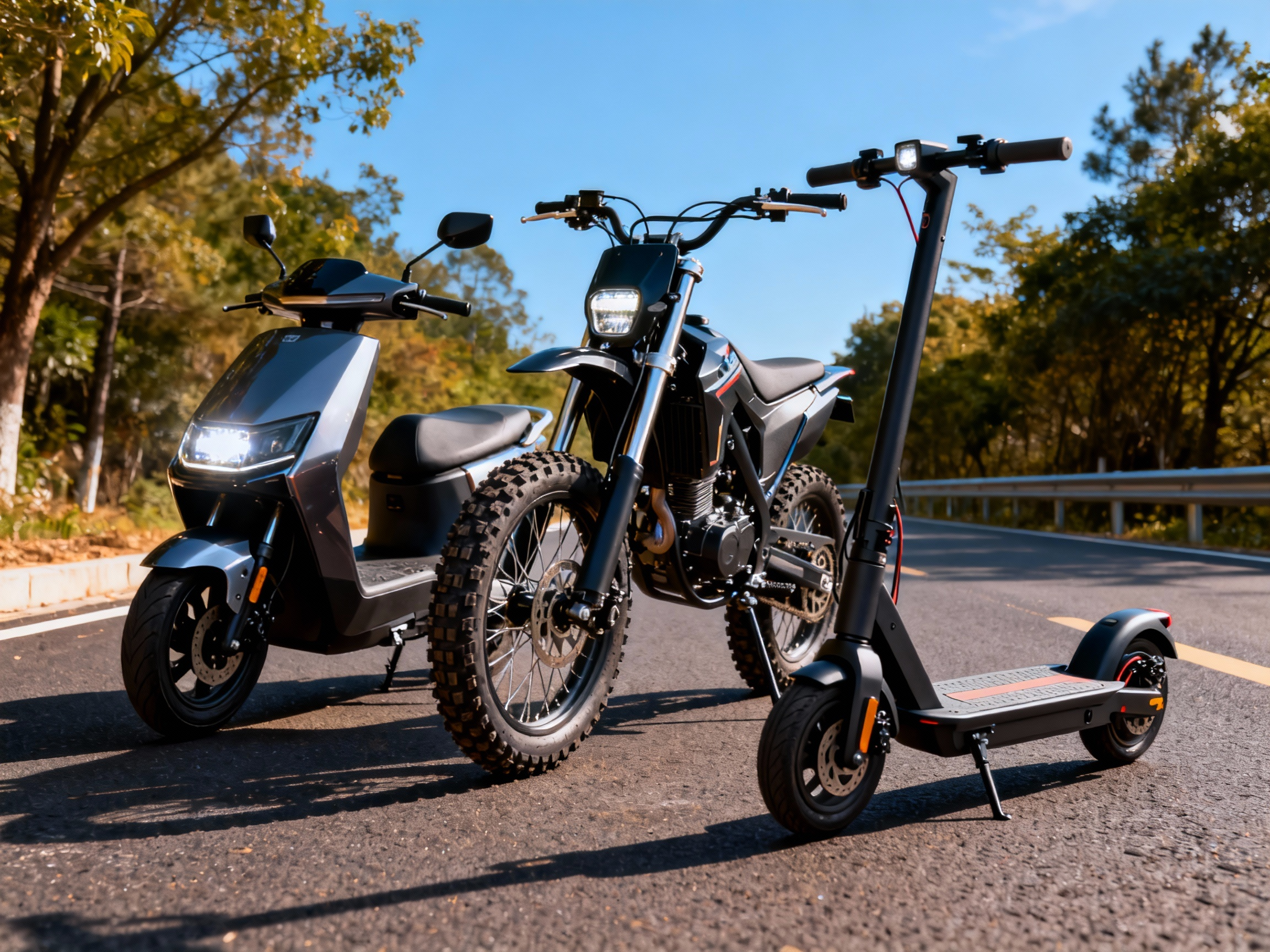 jimeng 2025 12 25 3416 生成一张含有新能源电动自行车 越野电动摩托车 折叠款电动车脚踏车的图，含有上面三...