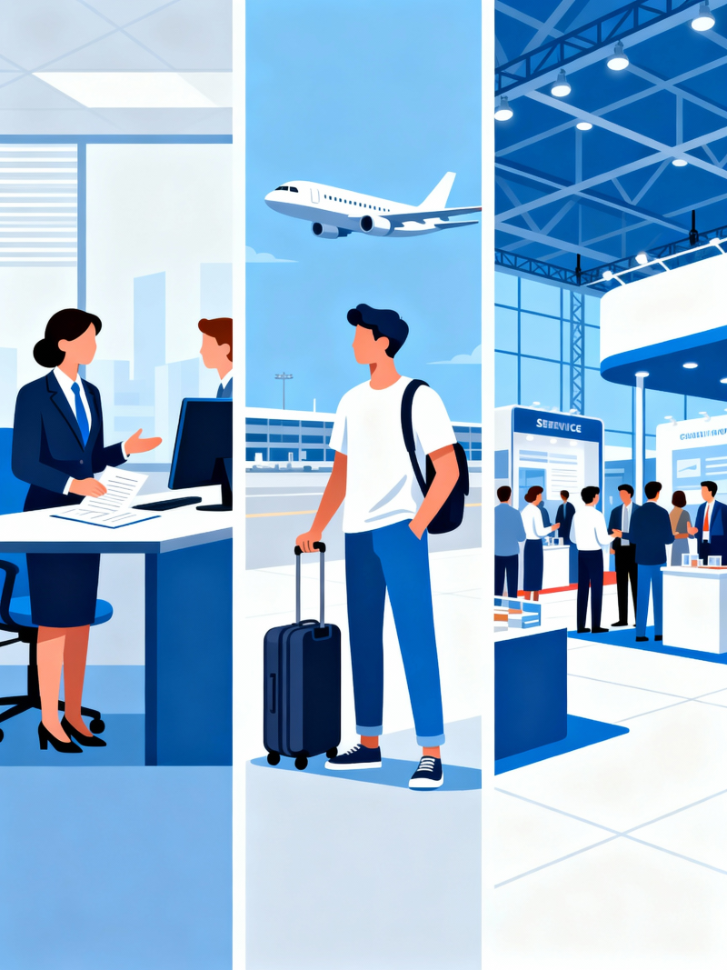 jimeng 2025 12 25 5870 综合配套服务的外贸网站相关图，不含文字信息，表现涵盖咨询服务，旅游服务，会展服务